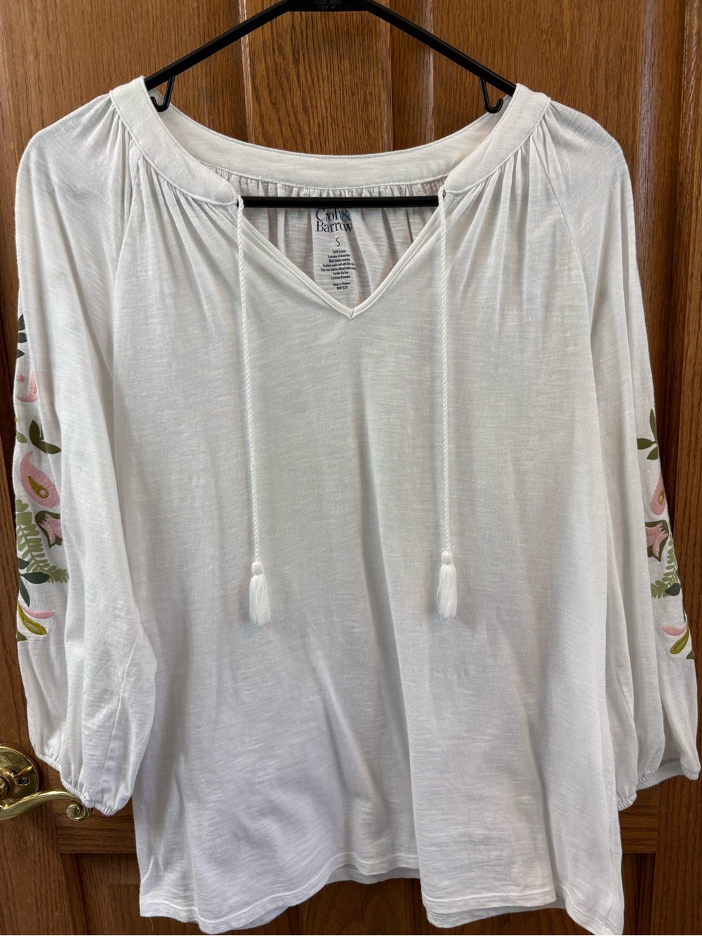 croft & barrow White Peasant Tunic with Pink & Green Embroidery